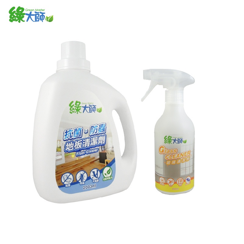 【綠大師】中性抗菌驅蟲地板清潔劑2L+潔亮去污玻璃清潔劑450ml_清爽不刺鼻、SGS測試報告