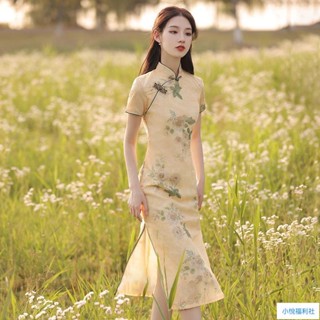 【古風🔥]長款 短袖旗袍 旗袍2023年新款夏復古旗袍 中國風女裝 花朵中長款年輕款改良旗袍 改良式旗袍 旗袍洋裝