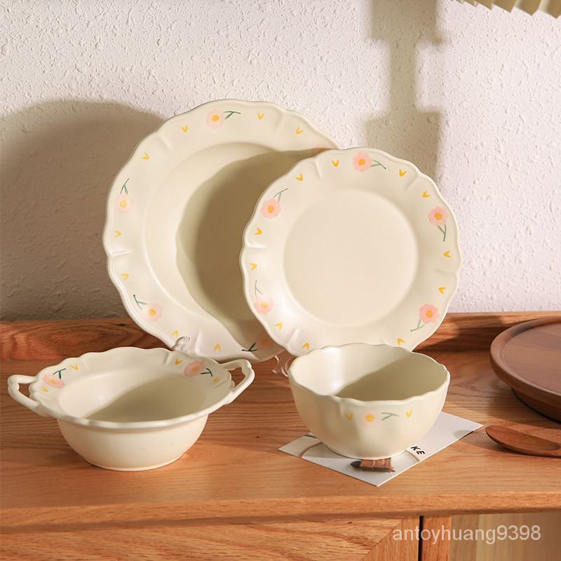 芍藥花 碗盤 小清新 北歐風 陶瓷 餐具 套裝 可微波 家用 法式 創意 沙律碗 飯碗 餐盤 雙耳碗 禮物 禮盒