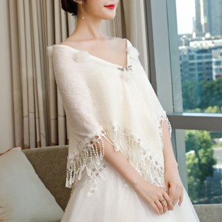 錦上添花😄❥ 新娘毛披肩仿羊絨保暖大碼蕾絲流蘇斗篷婚紗禮服外套伴娘結婚披風
