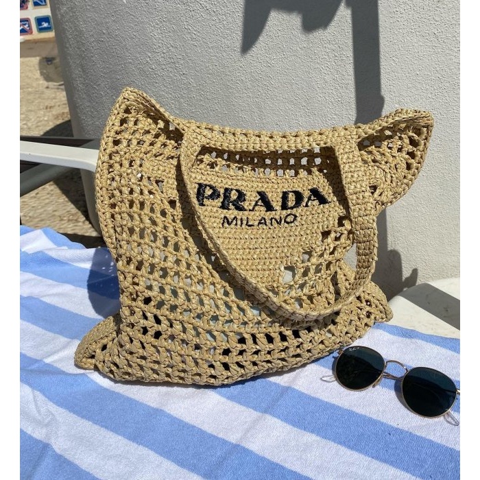 二手精品 Prada logo tote 米色 拉菲編織包草編包 托特包 手提袋 手袋