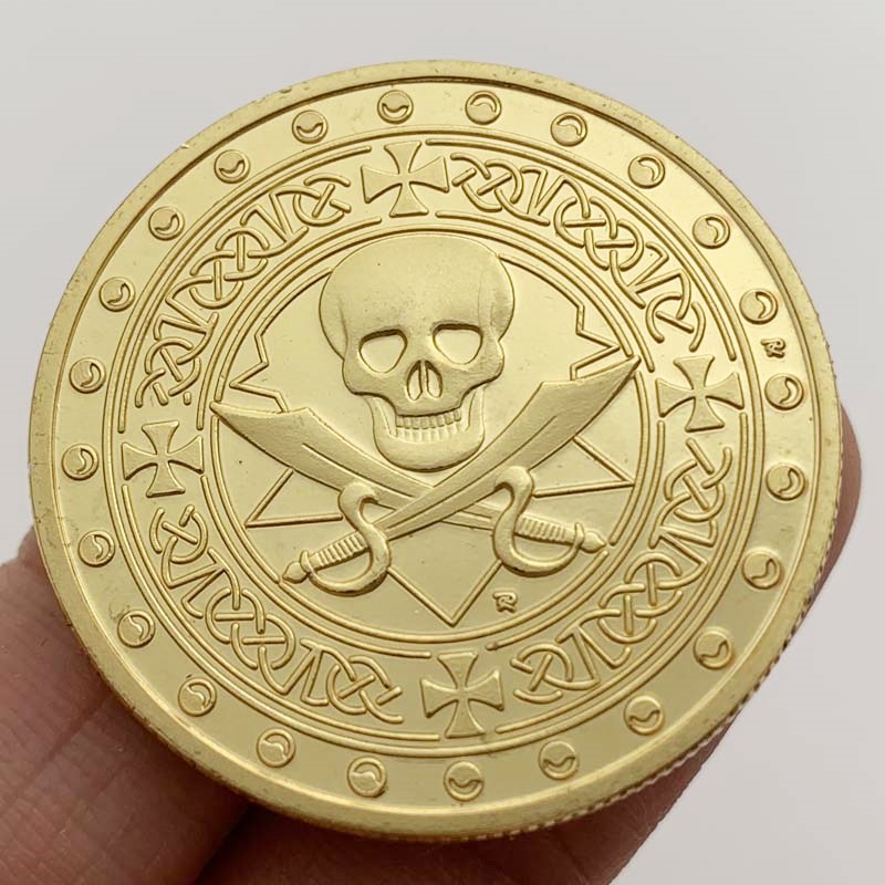 法國加勒比海盜骷髏鍍金紀念章 32mm單手玩金幣海盜船海賊王硬幣