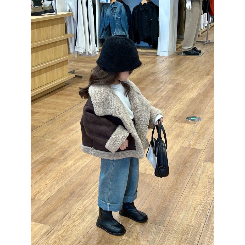 可開統編🍂2024冬季新款童裝 韓版童裝 女童複古一體絨麂皮外套 羊羔毛大衣🍂南極人客製化