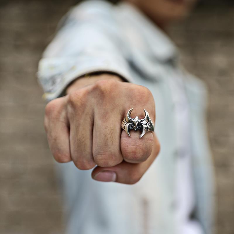 千葉蝙蝠俠戒指男泰銀個性創意食指環時尚簡約單身戒飾品男士尾戒