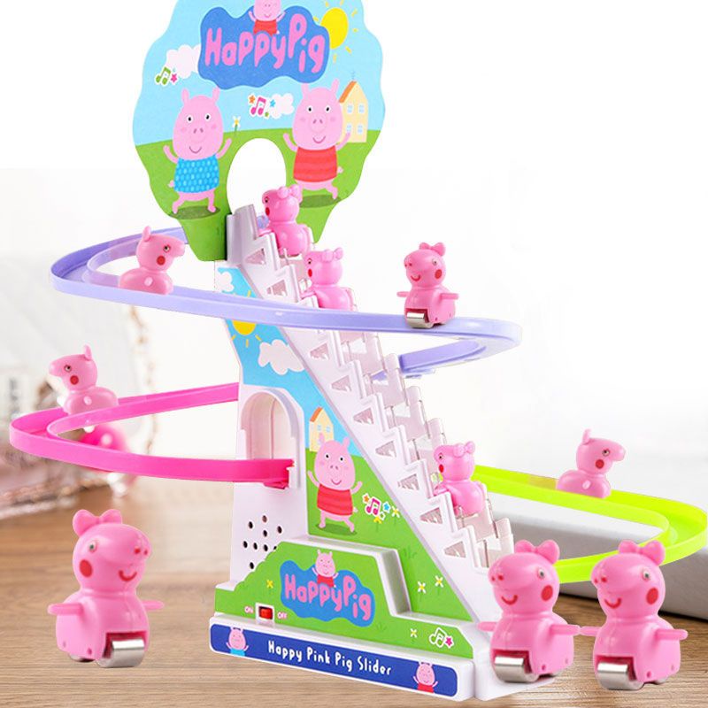 佩佩豬爬樓梯玩具 軌道玩具大號男女孩小豬爬樓梯玩具兒童電動滑滑梯軌道車上樓梯帶燈光音樂