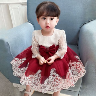 MOMOKO 兒童洋裝 嬰兒洋裝 女童連身裙 週嵗禮服 公主裙女童蕾絲長袖蓬蓬嬰兒寶寶滿月婚禮