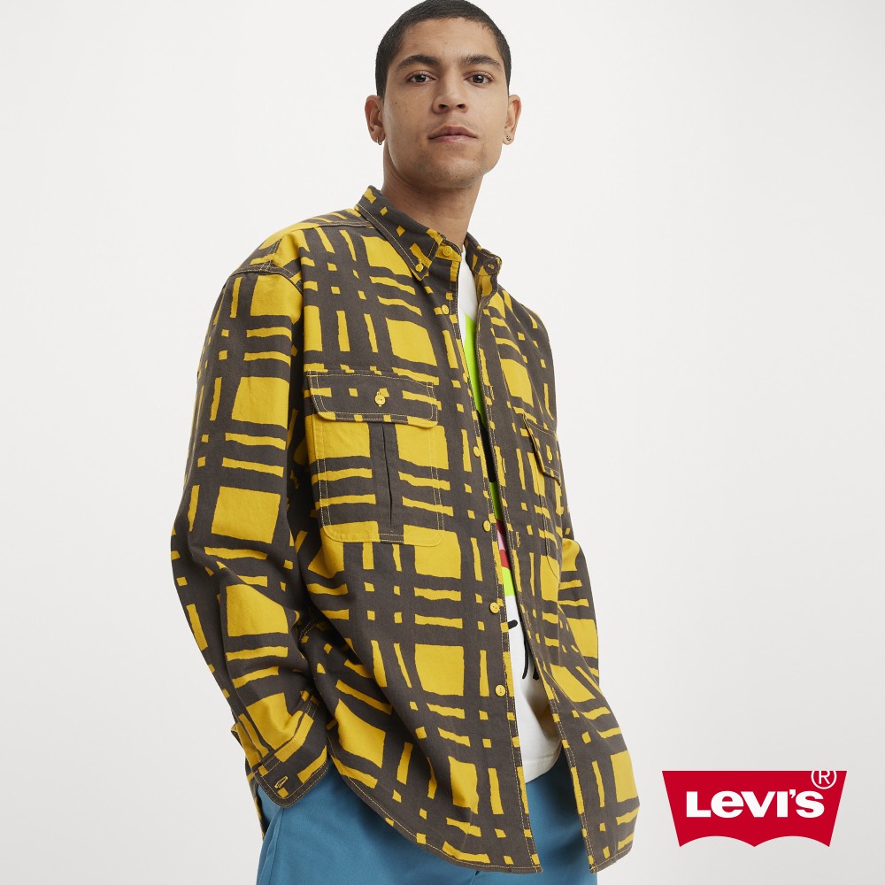 Levis 滑板系列 街頭寬鬆版長袖條格紋襯衫 / 復古黃 男款 A0953-0009 人氣新品