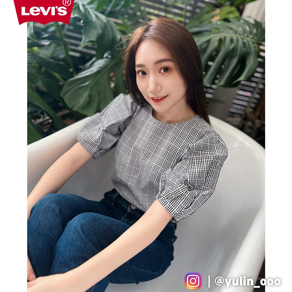 【618限定 6.6 0點開賣990】Levis 澎澎袖襯衫 / 英倫細格紋 女款 A3359-0005 熱賣單品