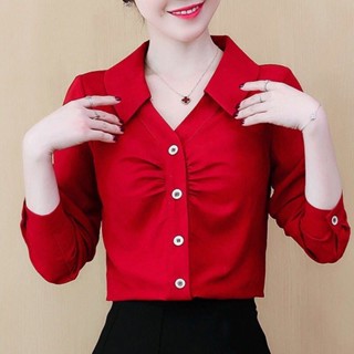 SY春秋V領襯衫長袖上衣翻領上衣女新款時尚百搭設計感小眾褶皺純色韓版寬鬆上衣