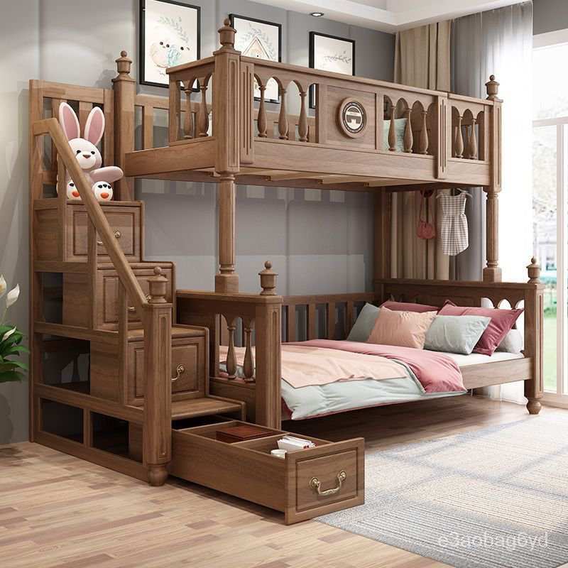 （含發票） 全實木紅衚桃木原木美式高低床上下床兒童床傢具親子床
