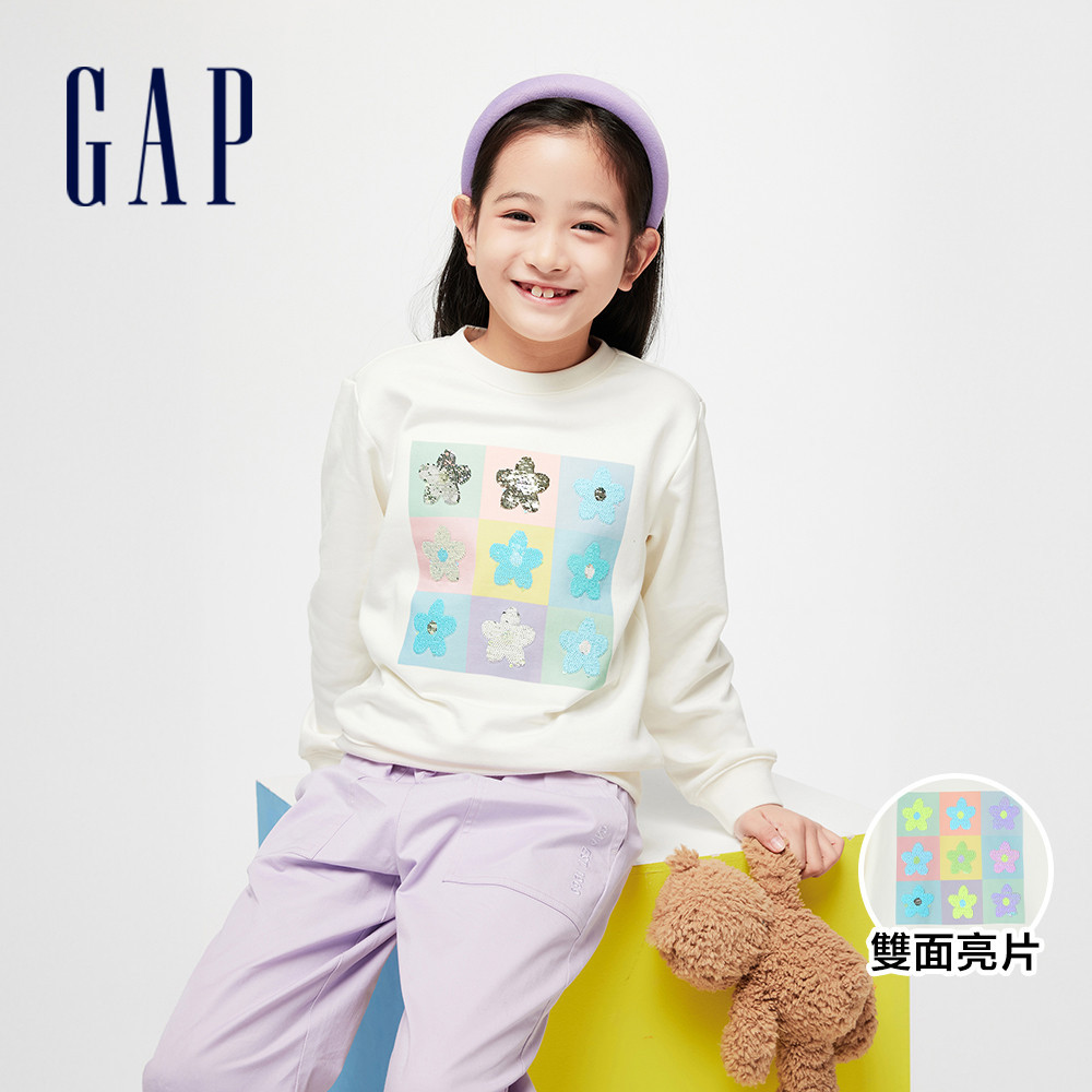 Gap 女童裝 Logo小熊印花/趣味圓領大學T-奶白色(890206)