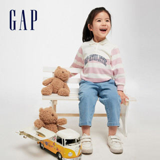 Gap 女幼童裝 Logo印花翻領長袖上衣-粉白條紋(891600)