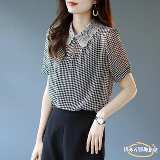 【錢夫人】短袖上衣 襯衫女 大尺碼女裝 女生衣服 韓版上衣 千鳥格蕾絲拼接雪紡衫薄款小衫夏季短袖顯瘦上衣女