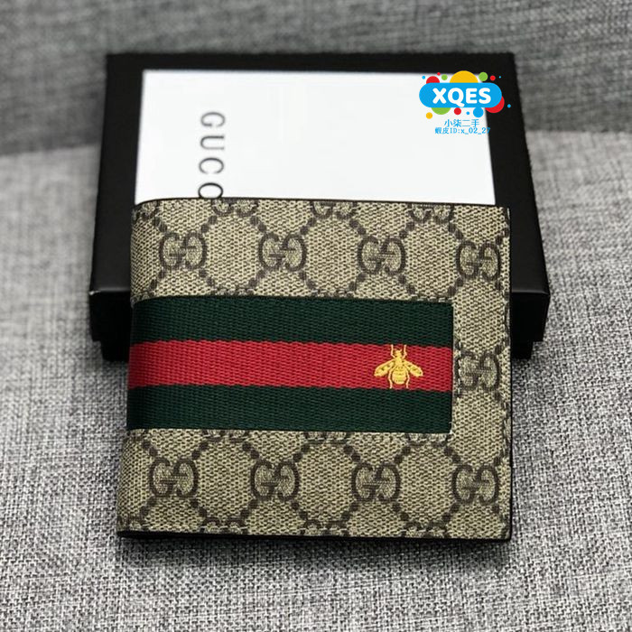 茜茜二手 GUCCI 古馳 短夾 蜜蜂 刺繡 錢包 雙折短夾 帆布 男士錢包 408827