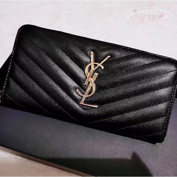 二手YSL Monogram 經典 黑色 荔枝紋 拉鍊 長夾 錢包 卡夾 皮夾 女生錢夾 358094 信用卡包