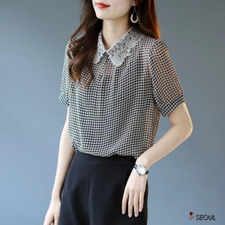 夏季新款千鳥格蕾絲拼接 雪紡衫 短袖上衣 顯瘦上衣時尚上衣 女生上衣 薄款雪紡襯衫 女裝上衣​ 短袖襯衫 襯衫女 襯衣