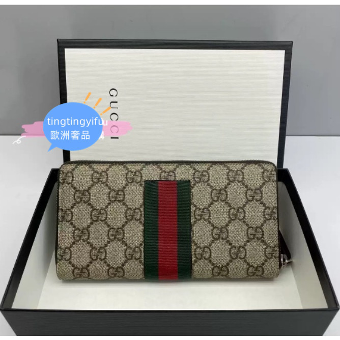 歐洲奢品GUCCI 老花logo 蜜蜂刺繡長夾 408831 條紋織帶 帆布拼皮 男款錢包 古馳拉鏈長夾 女生錢包