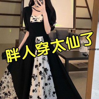50~100公斤 加大尺碼 大尺碼 大尺碼遮肚子不規則赫本風過膝改良旗袍胖妹妹網紗顯瘦拼接洋裝夏短袖大碼長裙mk