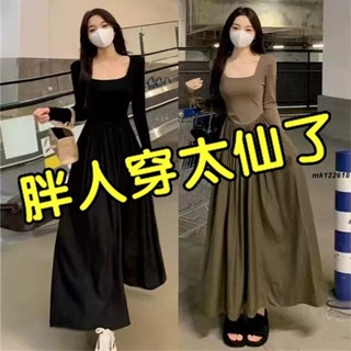 加大尺碼 大尺碼 大尺碼秋季新款法式收腰裙子胖mm遮肚顯瘦長袖黑色洋裝女微胖長裙mk