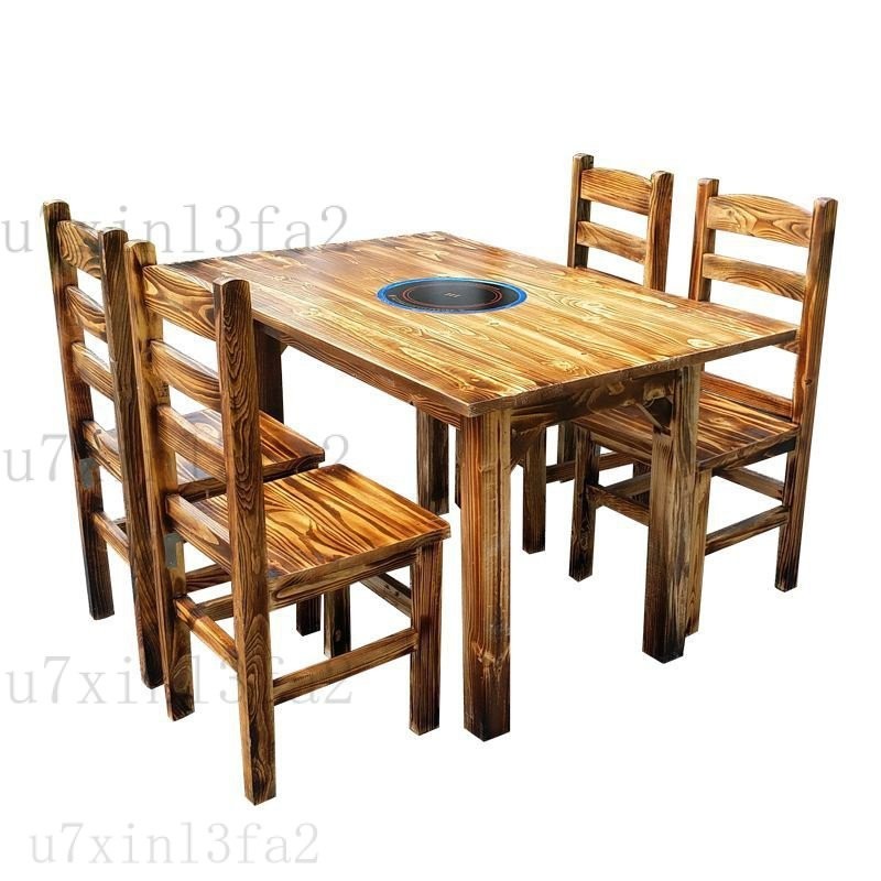 飯店實木火鍋桌餐桌長方形桌子一體商用電磁爐桌椅組閤餐飲大排檔
