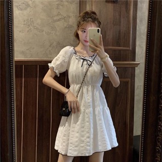 SEOUL法式小眾蝴蝶結超仙的白色連衣裙女2022新款遮跨顯瘦泡泡袖短裙夏