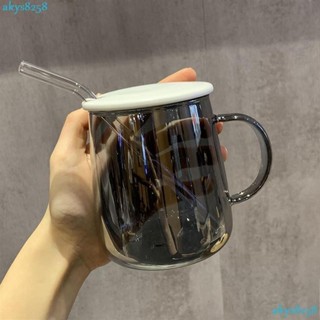 臺灣出貨咖啡杯 ins牛奶杯 玻璃馬克杯 帶把手水杯 ins耐熱玻璃杯帶蓋勺帶吸管家用喝水杯男女情侶水杯咖啡杯牛YAN