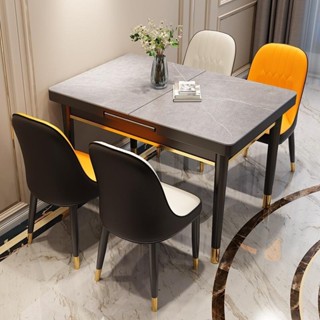 折叠餐桌 輕奢亮光巖板餐桌家用小戶型可折疊伸縮黑色長方形實木飯桌電磁爐