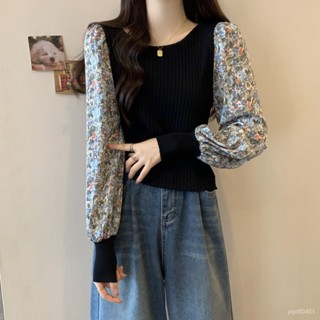 【胖丫女裝】大碼女裝 秋裝 T恤女 長袖T恤 寬鬆上衣 大碼胖mm碎花拼接長袖休閑衫早秋季新款韓版甜美減齡顯瘦上衣女