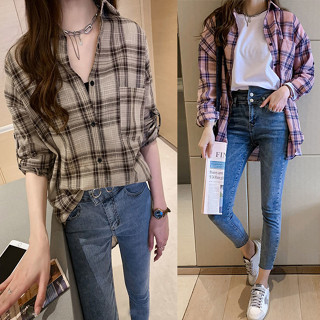 【Sweet Oversize】2024春裝新款韓版氣質長袖格子襯衫女寬鬆設計感上衣休閒襯衣外套