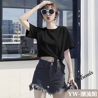 【YW】韓係短版短袖T恤女 ins短版上衣女 寬鬆顯瘦純色上衣女 新款高腰綁帶短袖 百搭素t 女裝