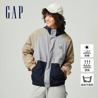 Gap 男女同款 Logo防曬印花連帽外套-棕灰撞色(877515)