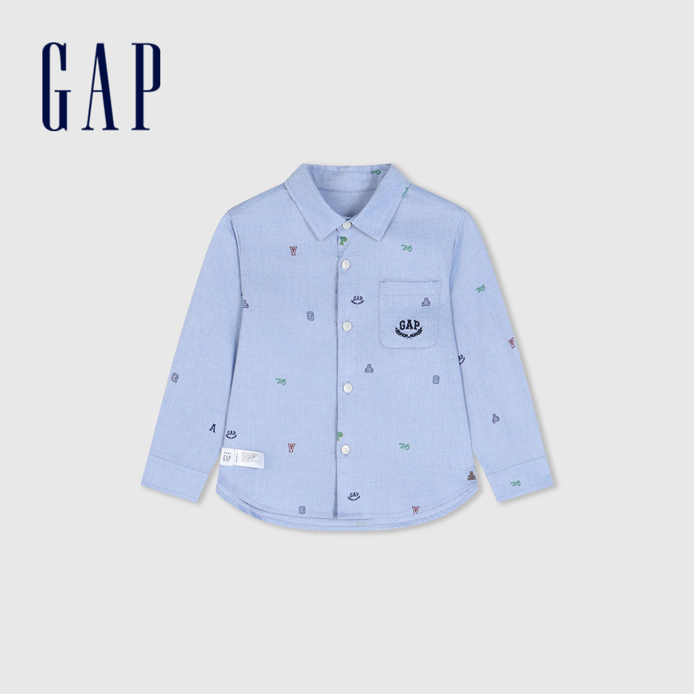 Gap 男幼童裝 Logo純棉小熊印花翻領長袖襯衫-藍色(890335)