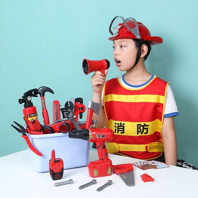 //好物推薦//兒童消防員服裝幼兒園角色扮演男孩仿真維修工具箱滅火器玩具套裝