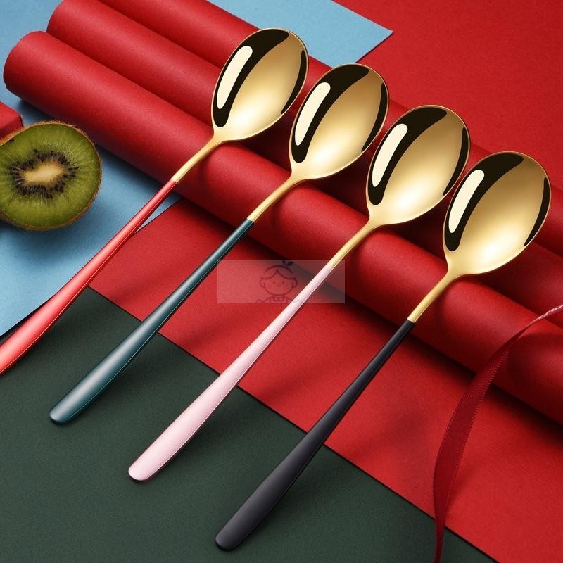 ✨超低價✨韓系餐具 勺子 加厚 不鏽鋼 家用 長柄 吃飯西瓜湯叉子學生 餐具 創意兒童網紅小圓