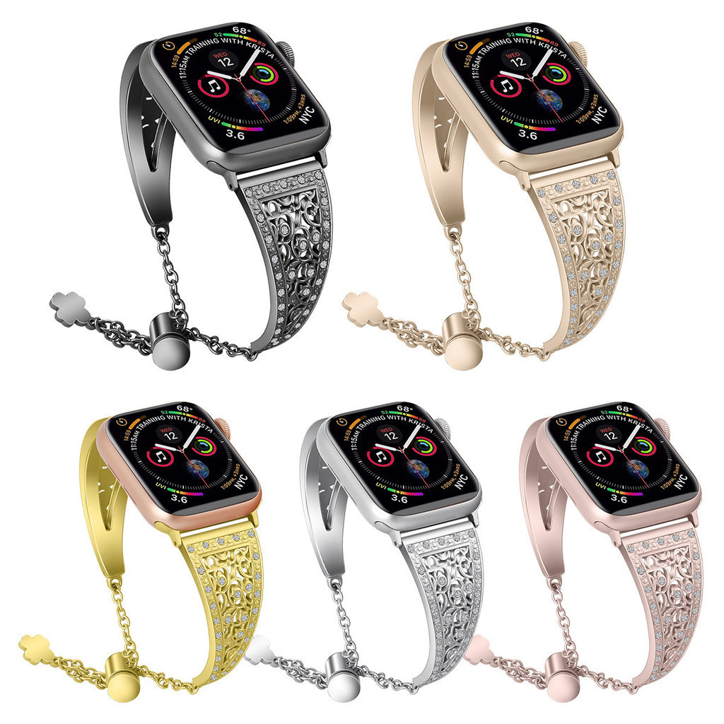 【YX】適用蘋果apple watch1-9代手錶帶iwatchse花型金屬不銹鋼鑲鑽錶帶
