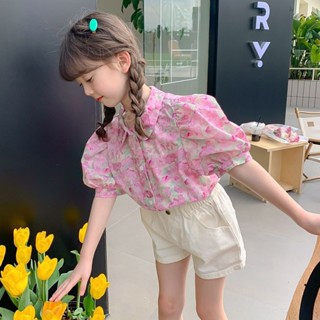 💕洋洋兒童店💕 女童短袖上衣 兒童短袖 女中大童夏裝襯衫 新款碎花公主風小清新短袖甜美泡泡袖夏季 女童襯衫 兒童上衣