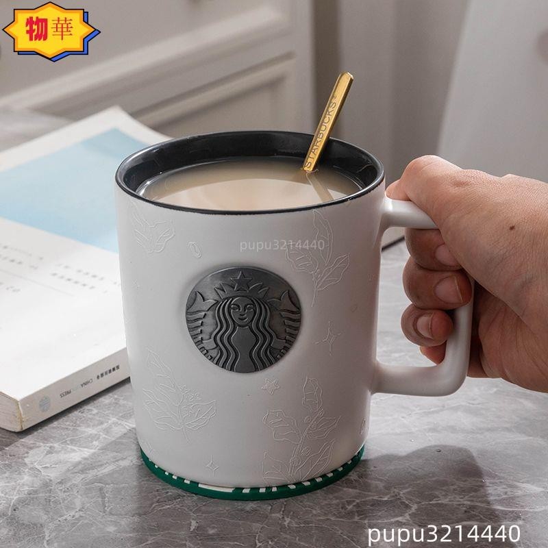 新品熱賣 風 馬克杯 星巴克杯子 水杯 大容量473ML 銀色銅牌咖啡杯 陶瓷馬克杯 早餐杯fine