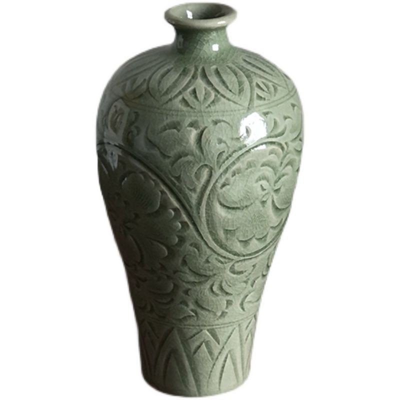 青釉中式手工花瓶 耀州窯開片效果雕刻梅瓶擺件 復古禪意陶瓷花器