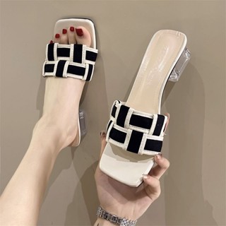 💕洋洋洋鞋店💕粗跟涼拖鞋 外出拖鞋 夏季韓版編織帶一字拖鞋女露趾外穿氣質中跟粗跟時尚涼拖鞋 粗跟涼鞋女 防滑涼拖鞋 女鞋