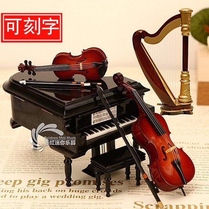 ₪★刻字木質八音盒木質鋼琴音樂盒豎琴小提琴大提琴模型擺件生日禮物