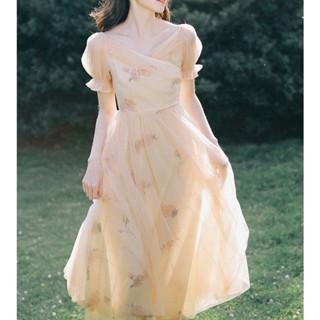 【SARA】宮廷風洋裝 宮廷風 在逃公主 法式 初戀 在逃公主裙 宮廷風 複古 超僊女 印花 網紗 連衣裙女夏