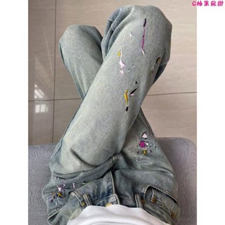 牛仔長褲🎀美式高街潑墨刺繡牛仔褲女春季潮牌水洗做舊直筒寬松顯瘦高腰長褲