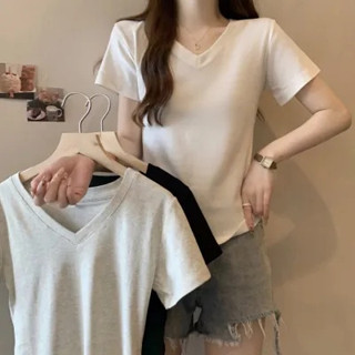 「NZN」 V領短袖t恤女夏季純色韓版上衣