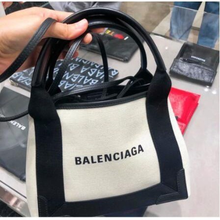 二手 BALENCIAGA 巴黎世家- Navy Cabas XS 自然色/黑色帆布迷你手提肩背包 現貨