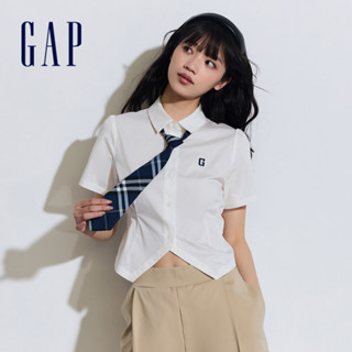 Gap 女裝 Logo短版翻領短袖襯衫-白色(873201)