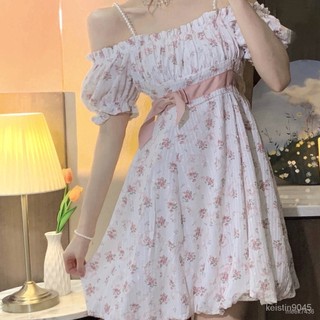 🔥『台現』 限時特惠✨Catyears貓年 珍珠奶油蛋糕裙2022夏季碎花弔帶裙路肩連衣裙中長