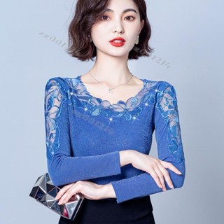 熱銷💖蕾絲網紗燙鑽打底衫女秋冬季刷毛加厚鏤空圓領內搭洋氣長袖上衣女免運