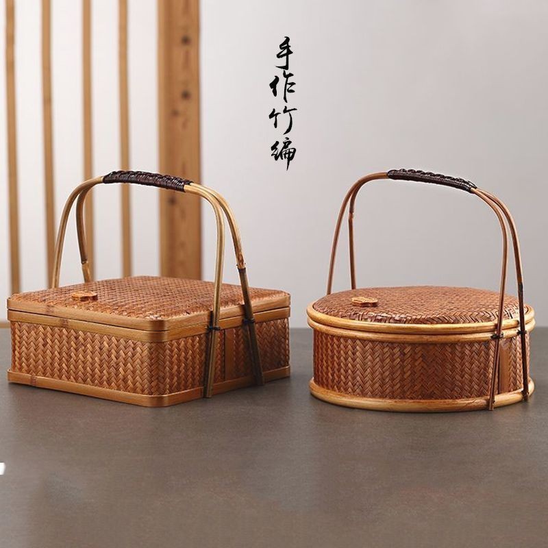 加厚古代傳統純手工竹編複古食盒收納盒茶具手提籃月餅茶餅包裝盒