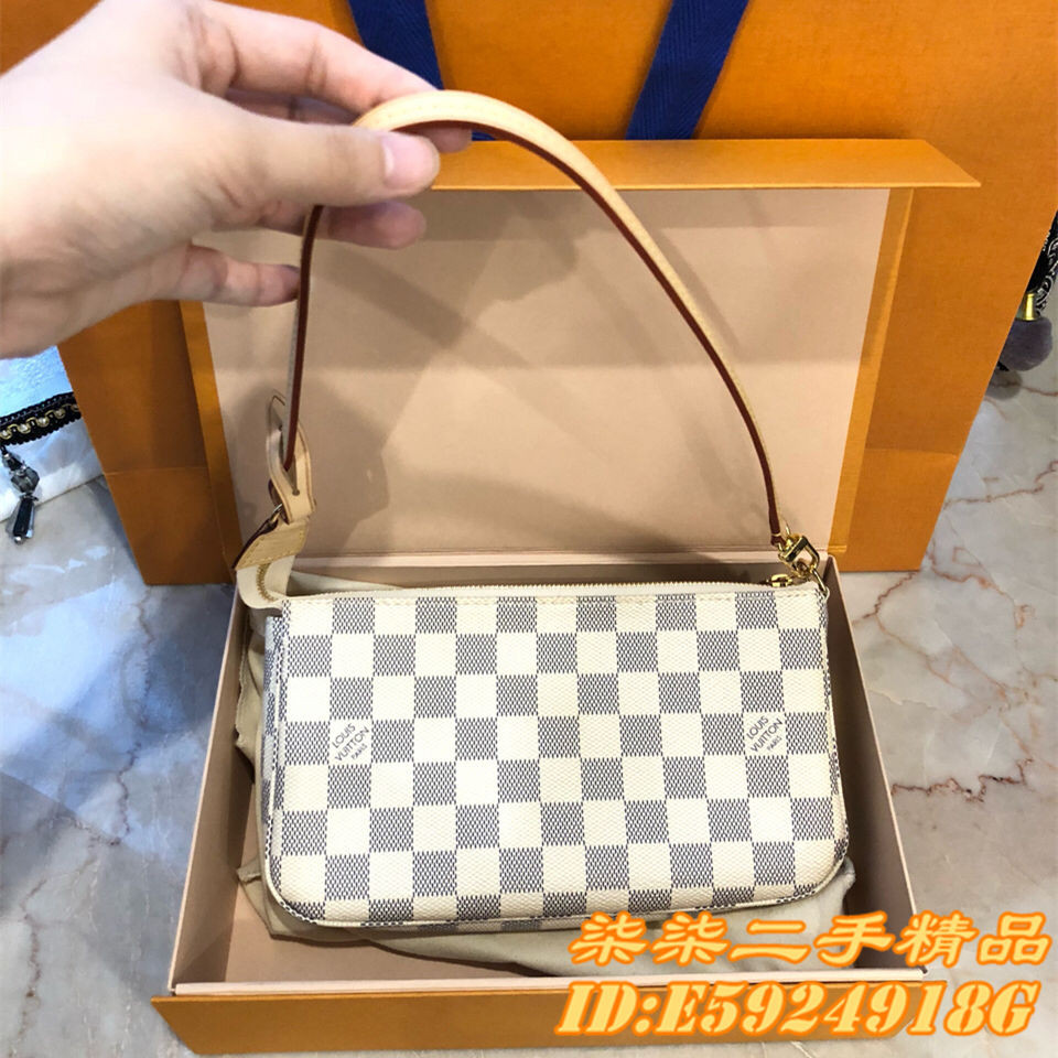 LV 路易威登Damier Azur 白棋盤格 單肩包/腋下包/配飾手提包/麻將包 N41207