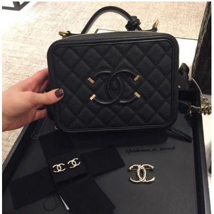 二手 chanel vanity case 21 黑色 駝黑 荔枝 金鍊 中 化妝箱包 A93343